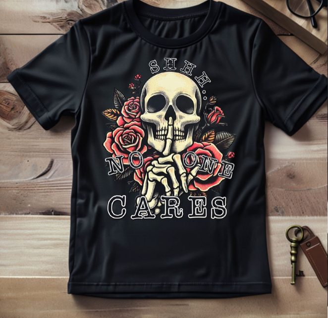 Black t-shirt with a skull and roses design Shh no one cares
