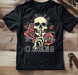 Black t-shirt with a skull and roses design Shh no one cares